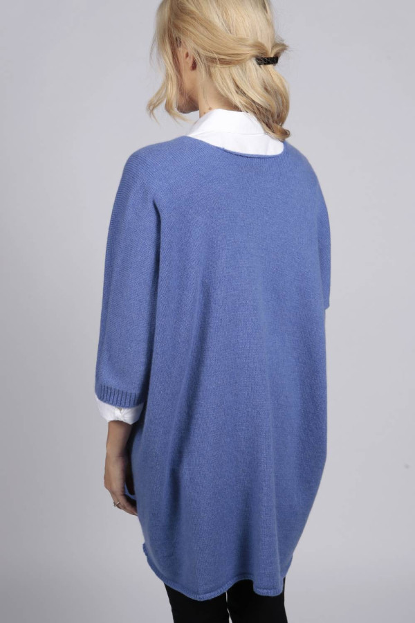 Chaqueta larga de punto bígaro azul 100% cachemira