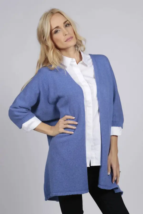 Chaqueta larga de punto bígaro azul 100% cachemira