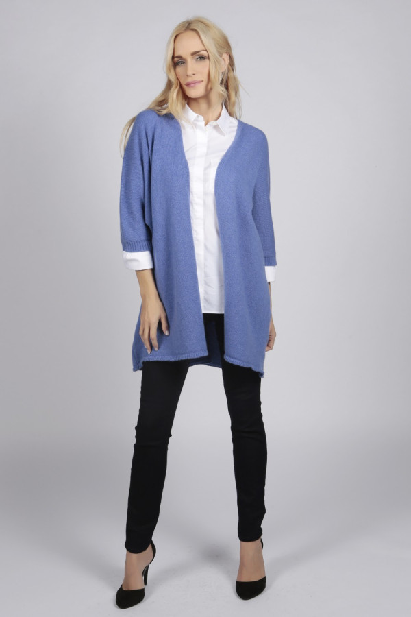 Chaqueta larga de punto bígaro azul 100% cachemira