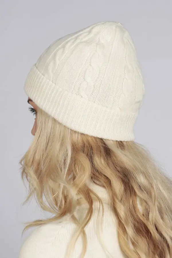 Cream white pure cashmere beanie hat cable and rib knit
