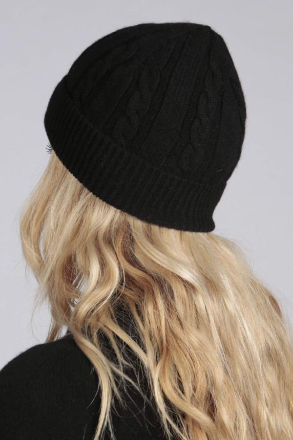 Bonnet en tricot torsadé et côtelé pur cachemire en noir