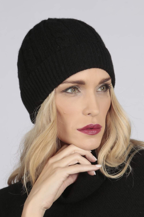 Black pure cashmere beanie hat cable and rib knit