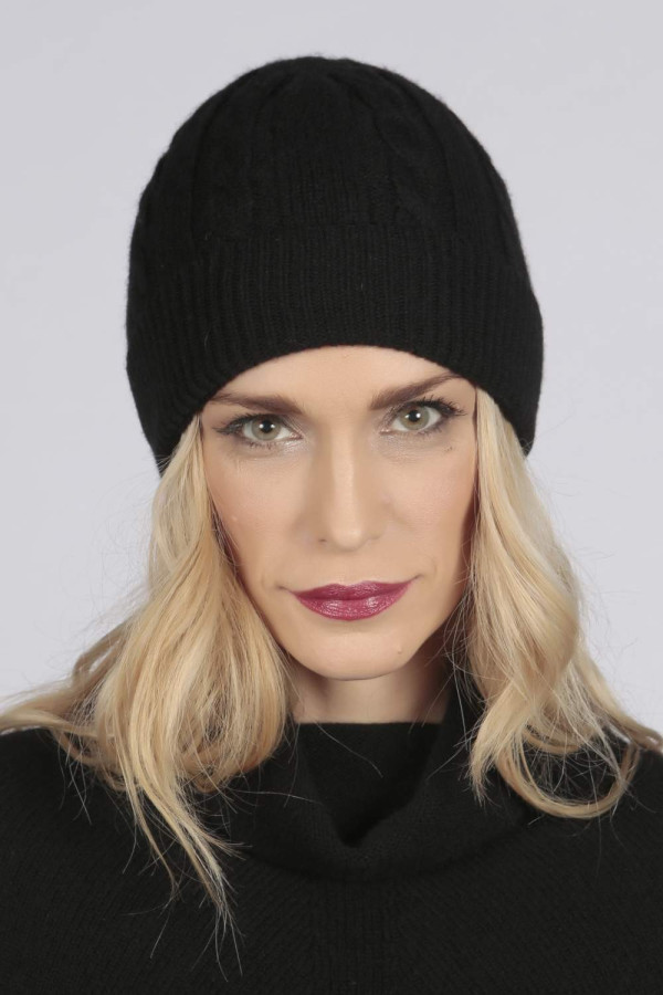 Black pure cashmere beanie hat cable and rib knit