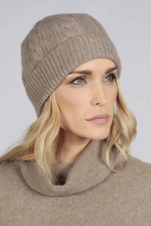 Reine Kaschmir Beanie Mütze Kabel und Rippenstrick in kamelbraun