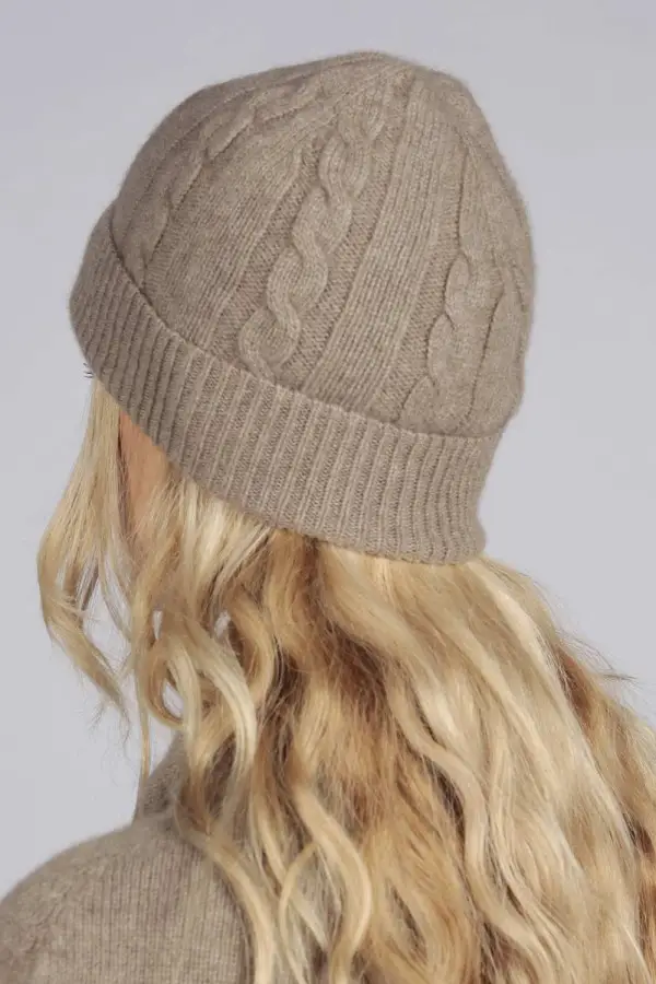 Camel brown beige cashmere beanie hat cable and rib knit