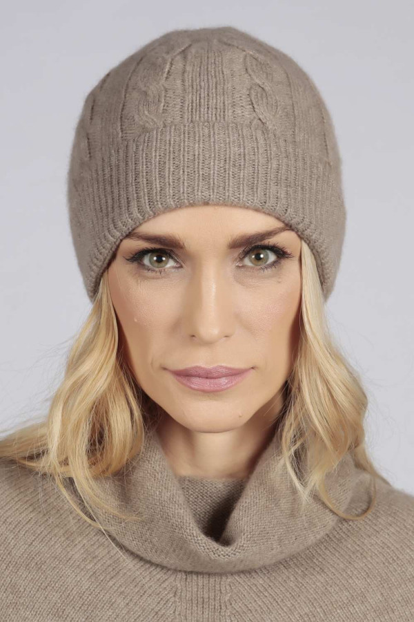 Camel brown beige cashmere beanie hat cable and rib knit