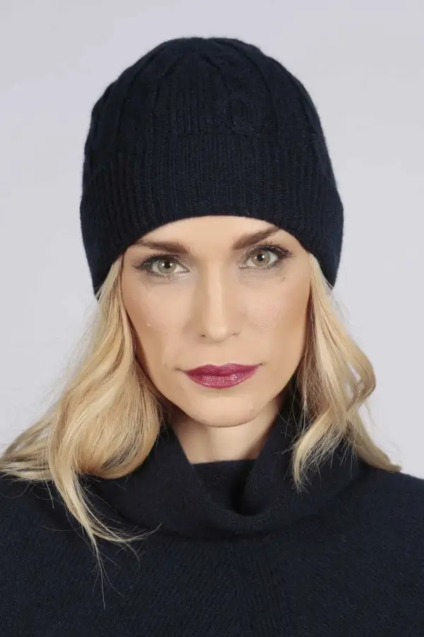Navy blue cashmere beanie hat cable and rib knit