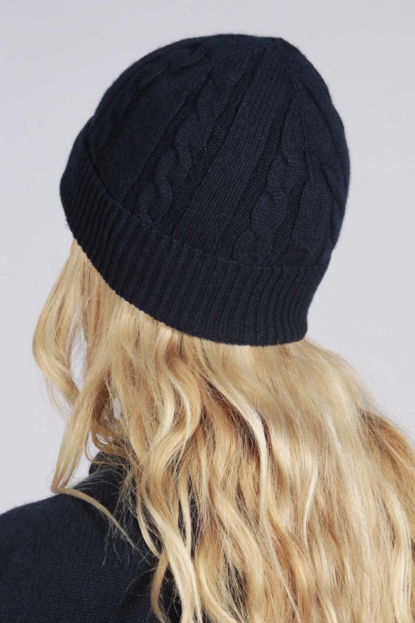 Reine Kaschmir Beanie Mütze Kabel und Rippenstrick in navy blau