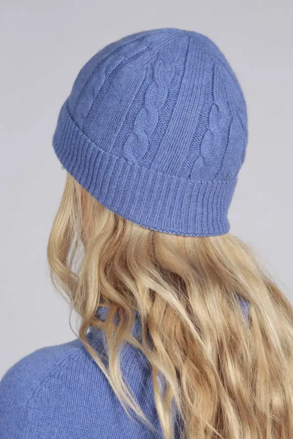 Periwikle blue cashmere beanie hat cable and rib knit