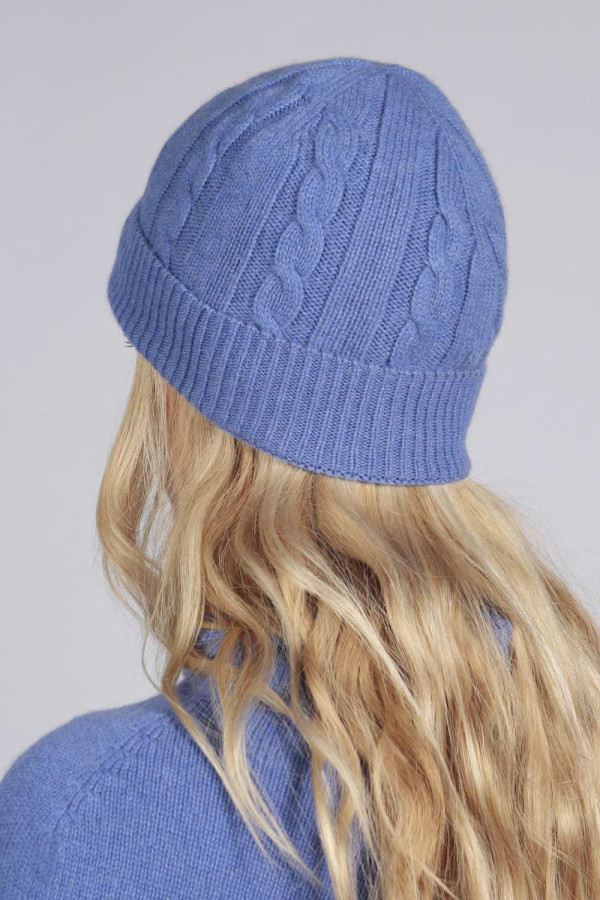 Periwikle blue cashmere beanie hat cable and rib knit