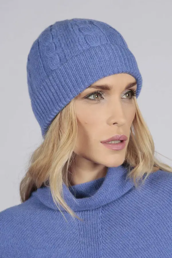 Reine Kaschmir Beanie Mütze Kabel und Rippenstrick in singrünblau