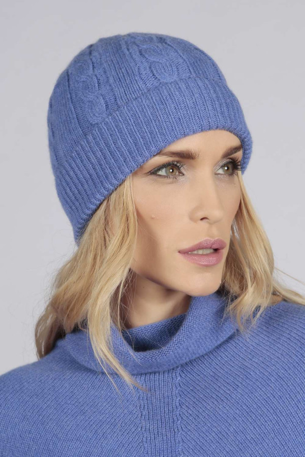 Reine Kaschmir Beanie Mütze Kabel und Rippenstrick in singrünblau