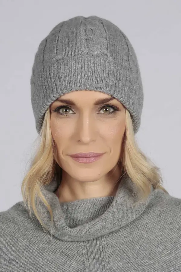 Light grey cashmere beanie hat cable and rib knit