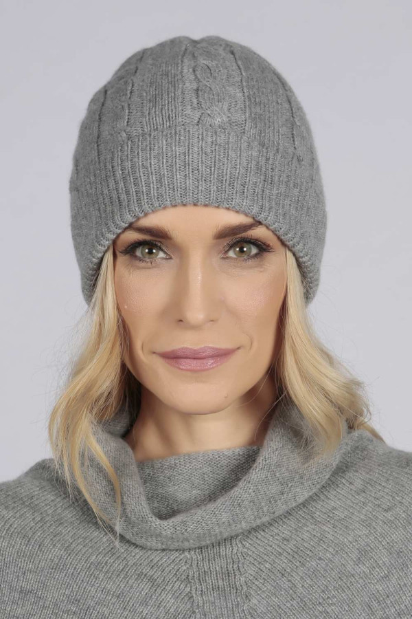 Light grey cashmere beanie hat cable and rib knit
