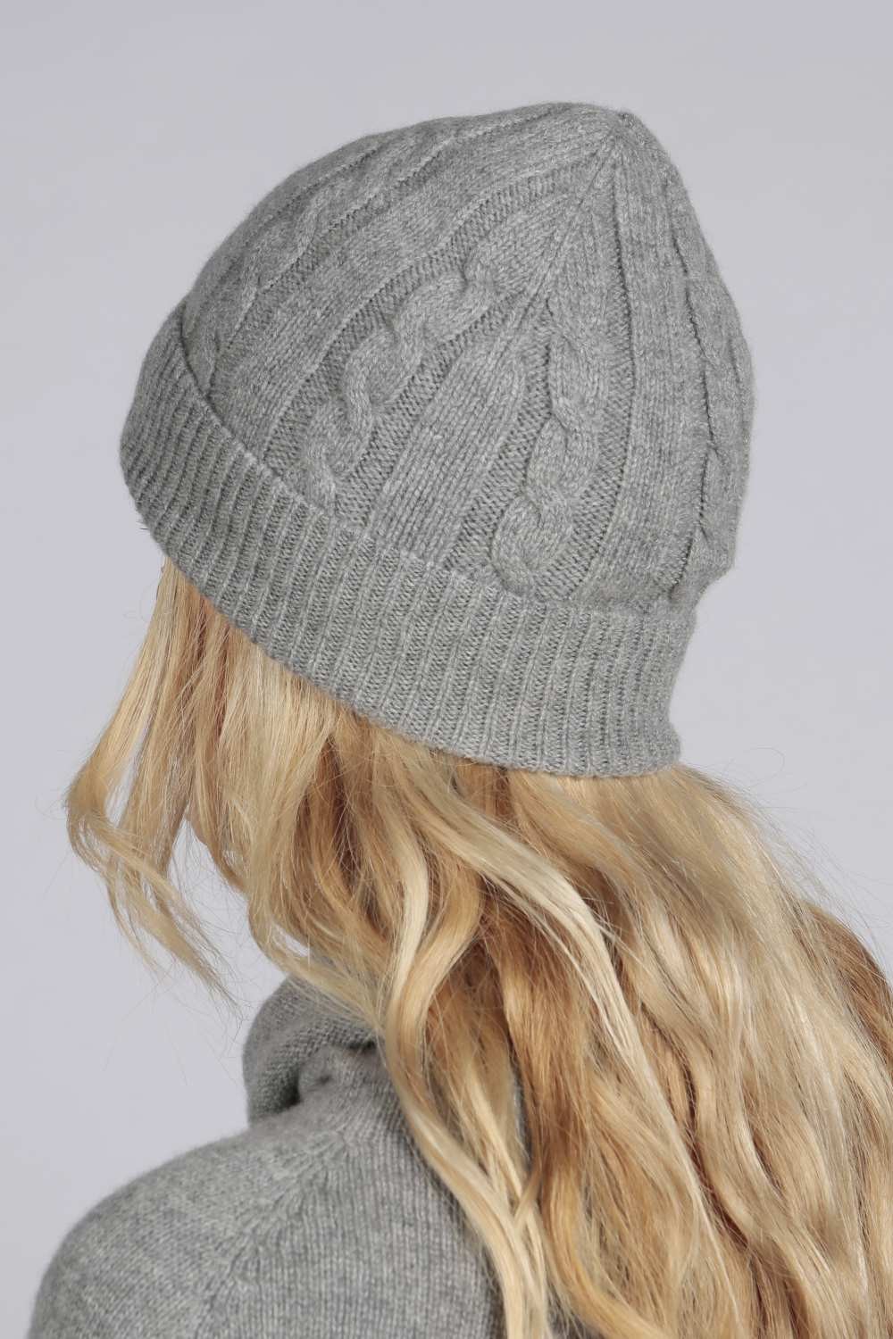 Light grey pure cashmere beanie hat cable and rib knit | Italy in Cashmere  US