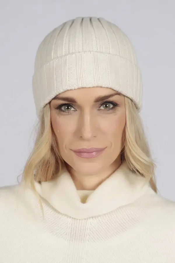 Cream White pure cashmere wide ribbed fisherman beanie hat