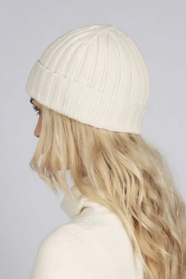 Cream White pure cashmere wide ribbed fisherman beanie hat