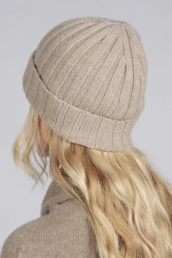 Reine Kaschmir Weite Gerippte Fischermütze Beanie in kamelbraun