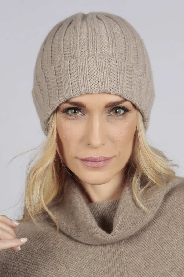 Camel brown beige pure cashmere wide ribbed fisherman beanie hat