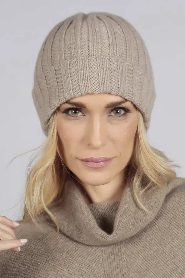 Reine Kaschmir Weite Gerippte Fischermütze Beanie in kamelbraun