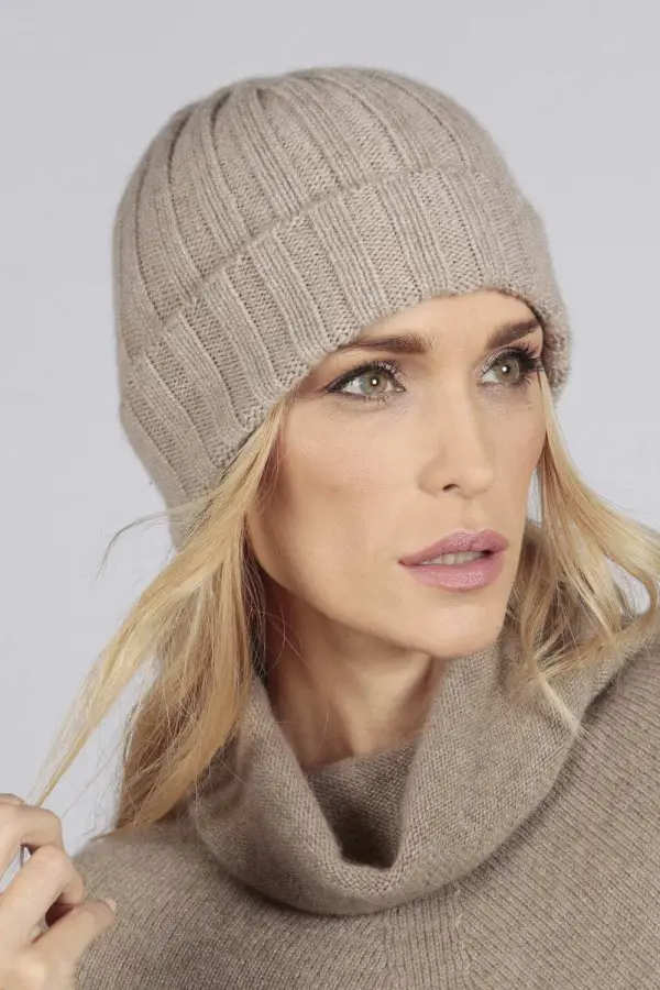 Reine Kaschmir Weite Gerippte Fischermütze Beanie in kamelbraun