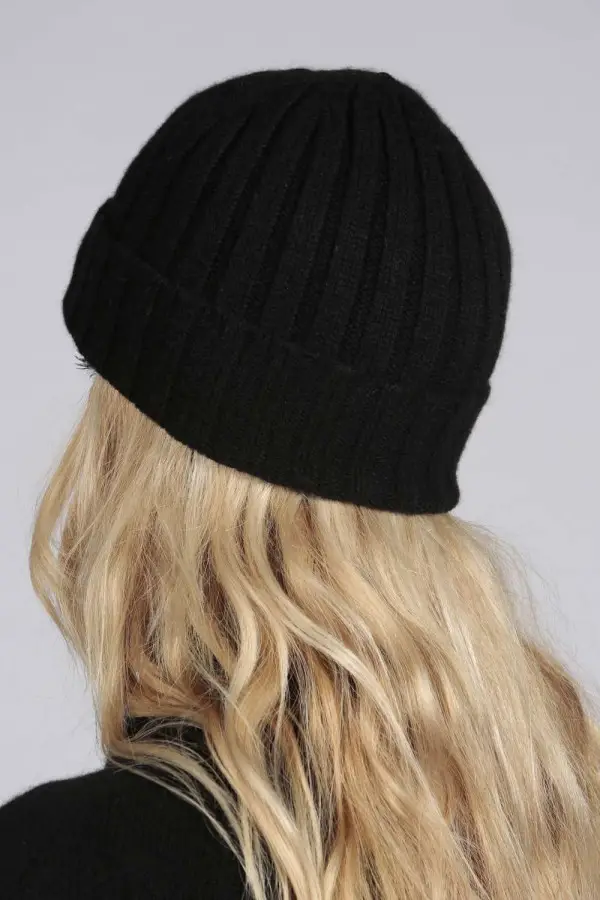 Black pure cashmere wide ribbed fisherman beanie hat