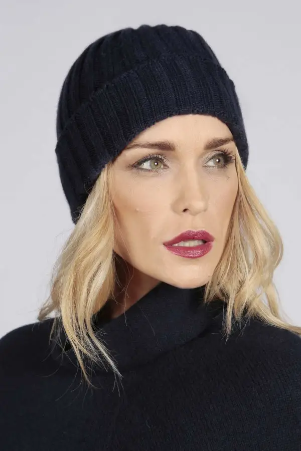Reine Kaschmir Weite Gerippte Fischermütze Beanie in navy blau