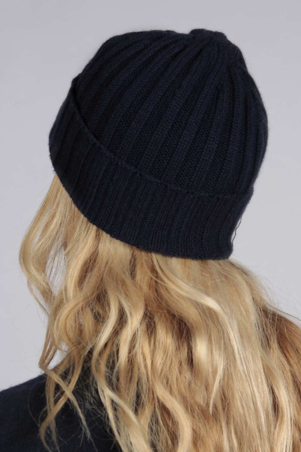 Navy blue pure cashmere wide ribbed fisherman beanie hat