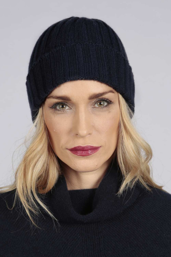 Navy blue pure cashmere wide ribbed fisherman beanie hat | Italy in ...