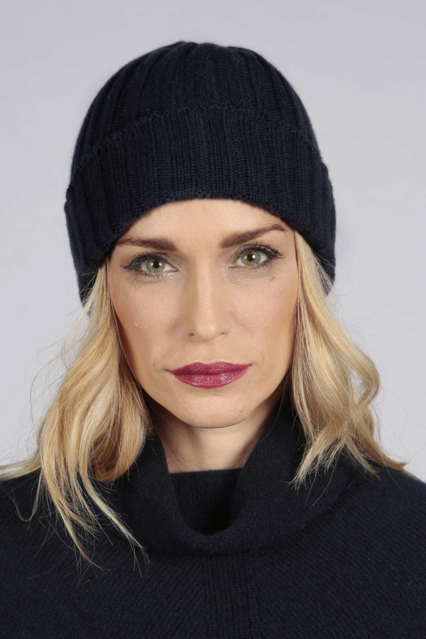 Reine Kaschmir Weite Gerippte Fischermütze Beanie in navy blau