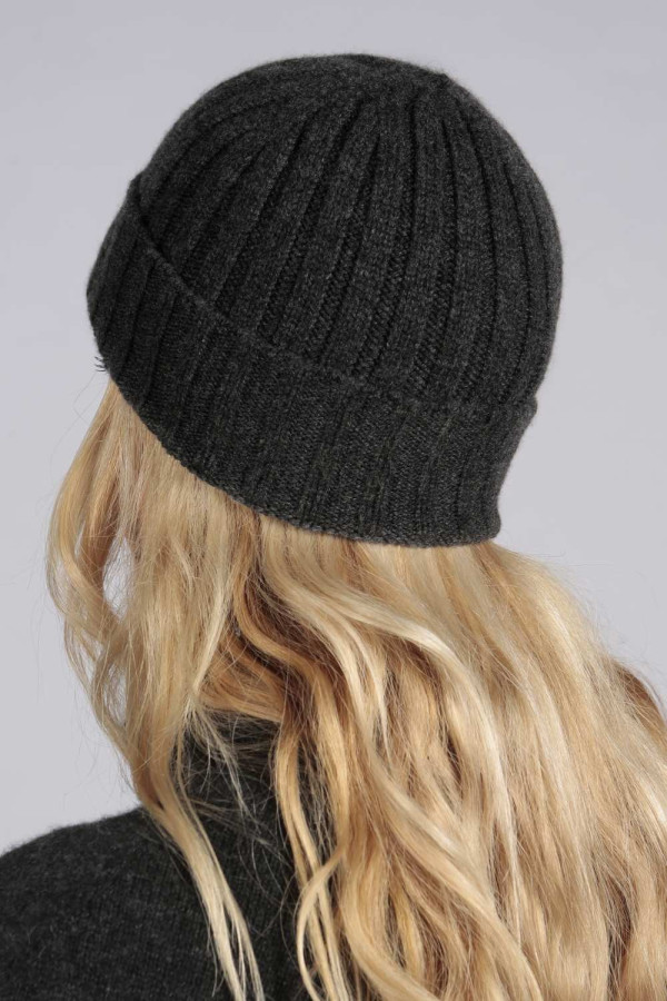 Charcoal grey pure cashmere wide ribbed fisherman beanie hat
