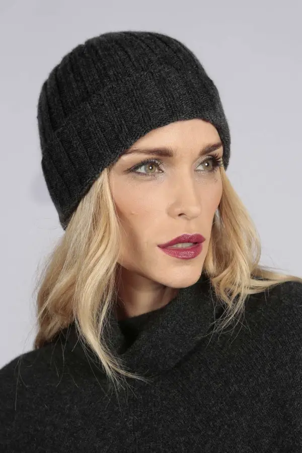 Charcoal grey pure cashmere wide ribbed fisherman beanie hat