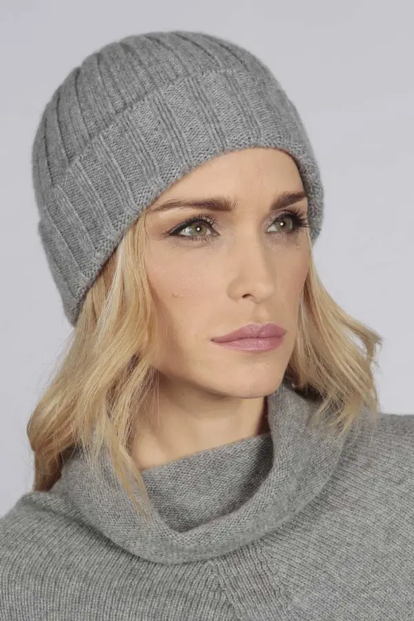 Light Grey pure cashmere fur pom pom cable knit beanie hat | Italy