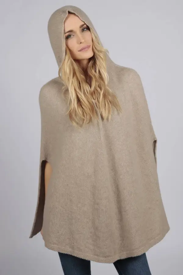 Camel brown beige pure cashmere hooded poncho cape