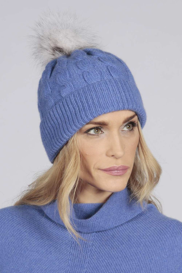 Periwinkle blue  pure cashmere fur pom pom cable knit beanie hat