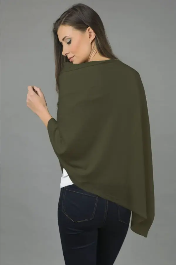Pure Cashmere Knitted Asymmetric Poncho Wrap in Army Green