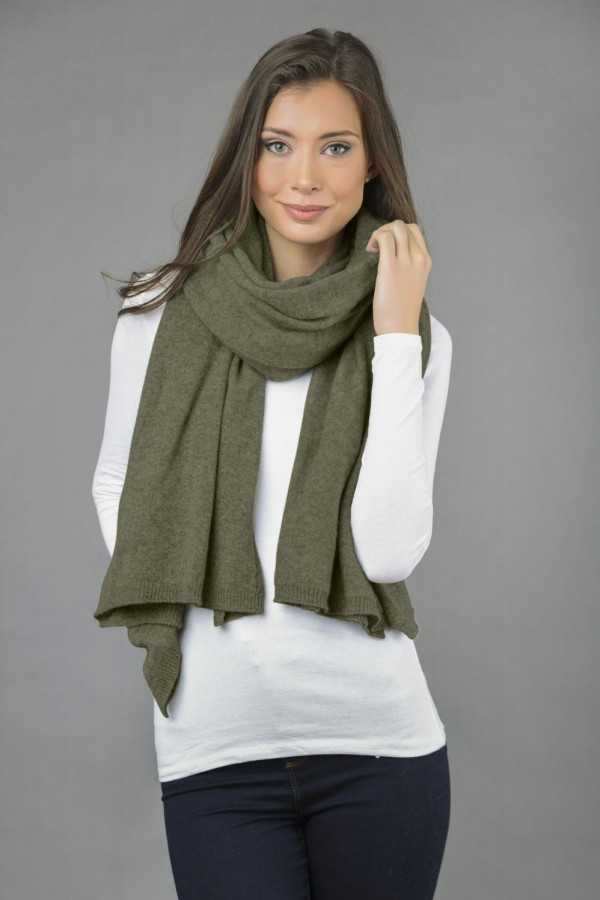 Knitted Pure Cashmere Wrap in Army Green