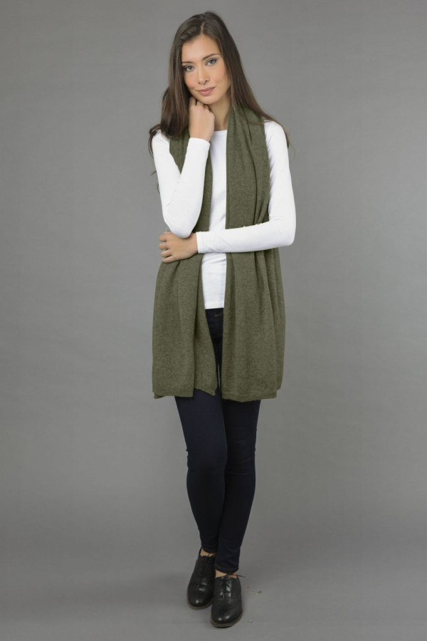 Knitted Pure Cashmere Wrap in Army Green