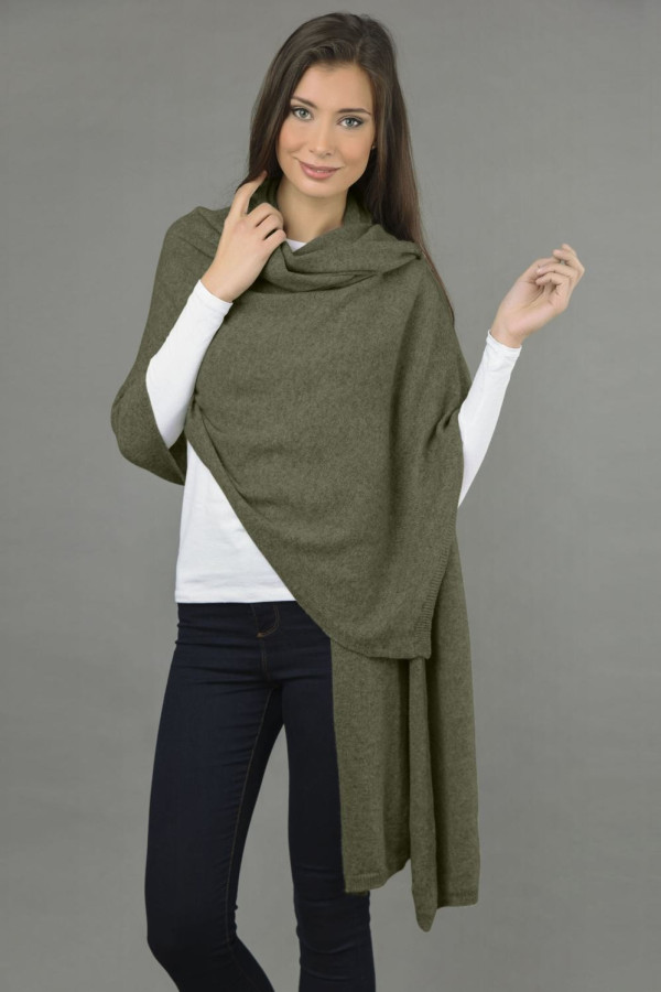 Knitted Pure Cashmere Wrap in Army Green