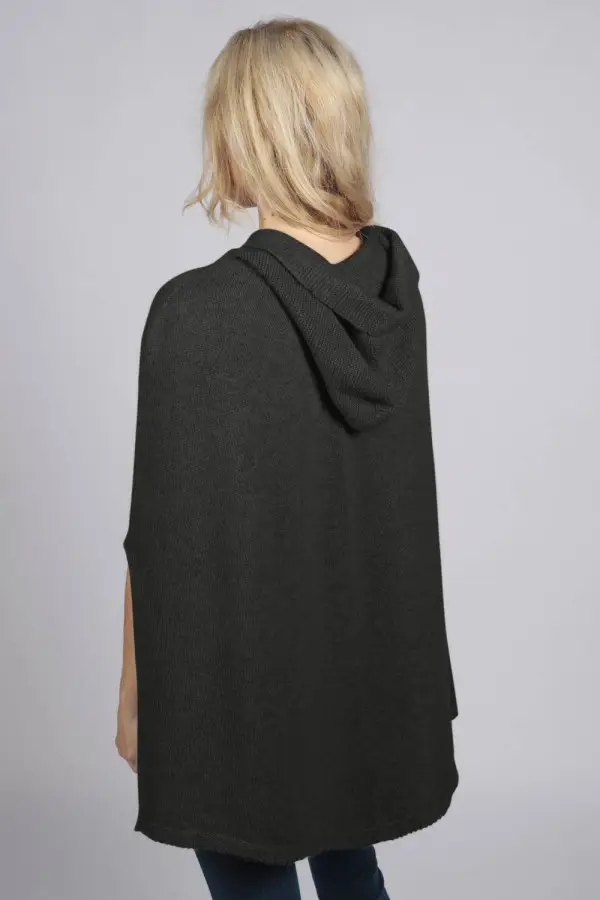Charcoal grey pure cashmere hooded poncho cape