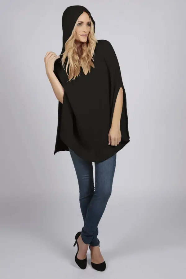 Charcoal grey pure cashmere hooded poncho cape
