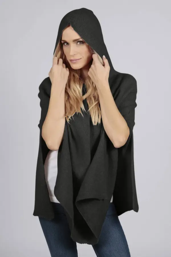 Charcoal grey pure cashmere hooded poncho cape