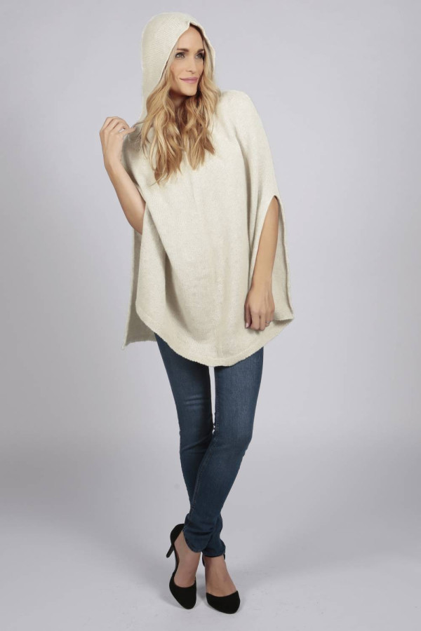 Cream white pure cashmere hooded poncho cape