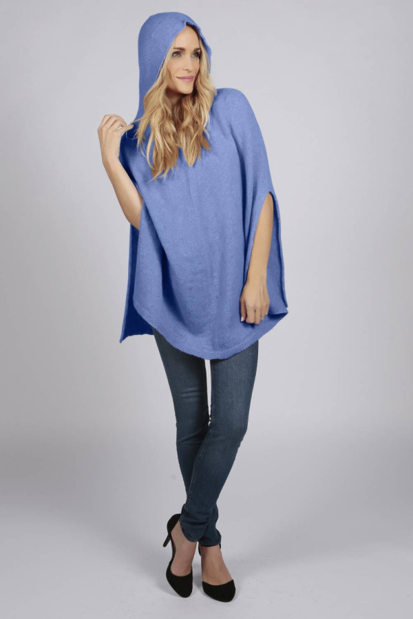 Periwinkle blue pure cashmere hooded poncho cape