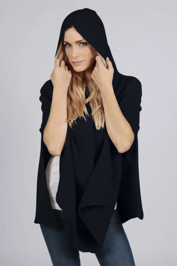 Navy Blue pure cashmere hooded poncho cape