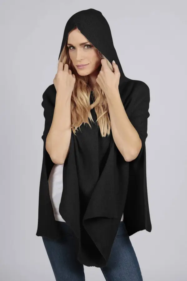 Poncho-cape pur cachemire à capuche en noir