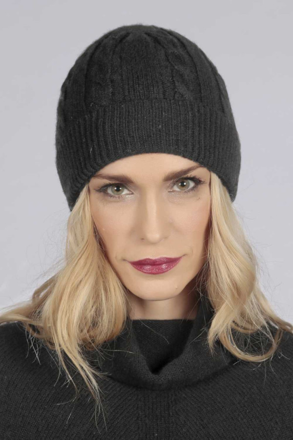 Reine Kaschmir Beanie Mütze Kabel und Rippenstrick in anthrazitgrau