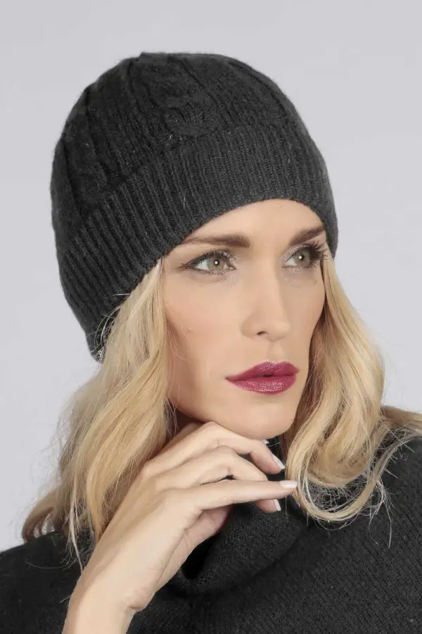 Charcoal grey cashmere beanie hat cable and rib knit