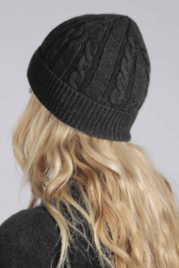 Reine Kaschmir Beanie Mütze Kabel und Rippenstrick in anthrazitgrau