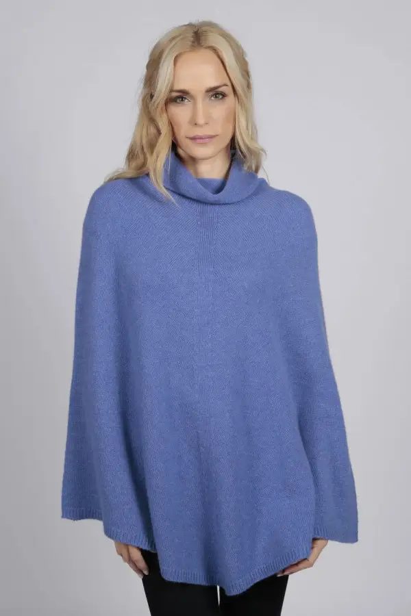 Periwinkle Blue pure cashmere roll neck poncho cape
